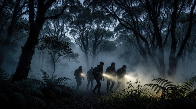 Group of people walk through dense misty forest at night using flashlights. They search for something in dark woods among trees and ferns. Mysterious atmosphere.