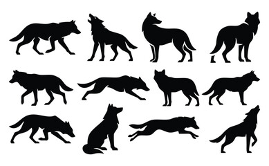 Obraz premium Black Wolf Silhouette Vector Set, Wild Animal Mascot Logo Icons and Poses Collection