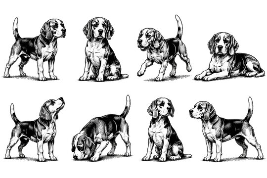 Collection of beagle dogs in various poses, rendered in a classic engraving style
