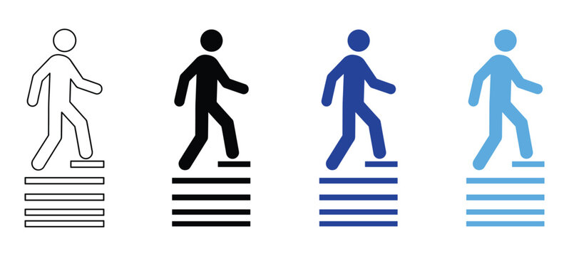 Ascending Steps: A sequence of minimalist human figures in white, black, blue, and light blue ascend a series of simple, flat steps, symbolizing progress, growth, and upward movement in a clean.