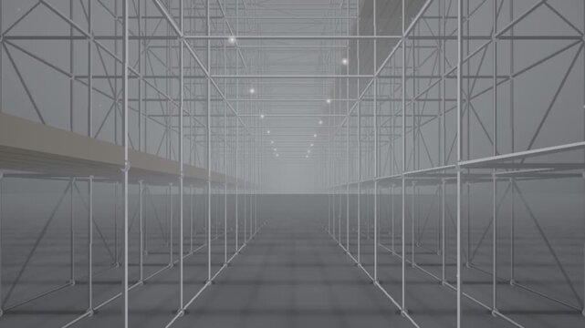 Construction Scaffolding Steel Pipe Frame Grid Corridor Perspective Industrial Building Site Background Seamless Loop in rich grey tones