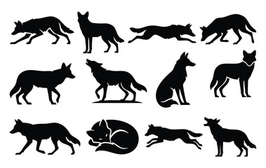 Obraz premium Ethiopian Wolf Silhouette Vector Set, African Wildlife Mascot Logo Icons and Poses Collection