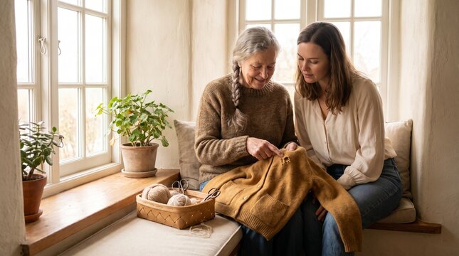Grandmother introduces hand mending to her adult granddaughter