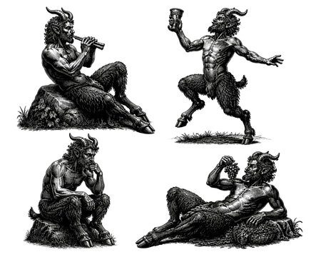 Collection of mythological satyrs depicted in various poses and activities