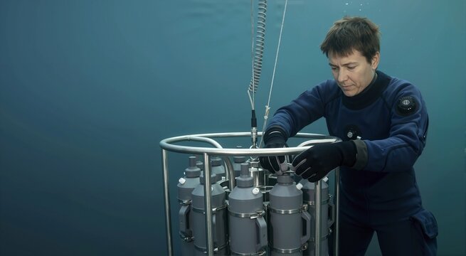 Scuba diver operating a water sampling rosette in the deep ocean. Marine biologist collecting scientific data with underwater equipment. Oceanography research and exploration