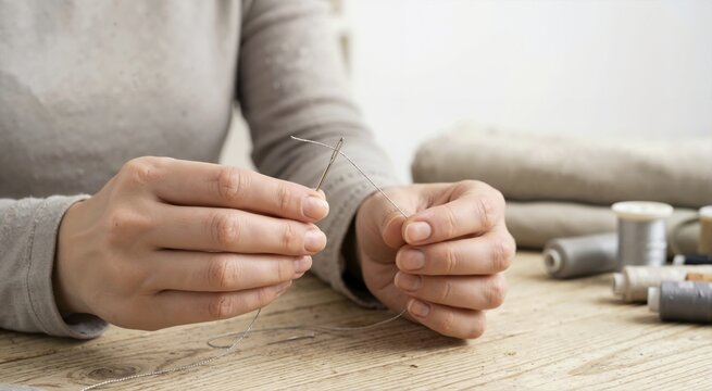 Close up of hands threading a silver needle with grey thread. Person preparing to sew over a wooden table with fabric and spools in the background. Handmade craft and tailoring concept
