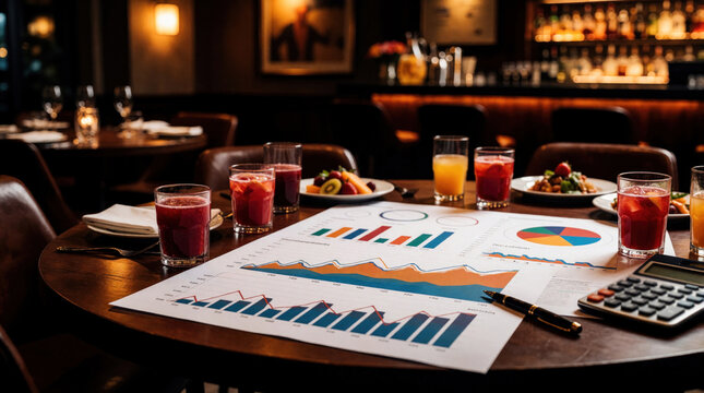 Business reports with color charts on wooden restaurant table. Glasses of fresh fruit juice, healthy lunch plates sit near pro calculator plus ink pen. Executives discuss economic growth trends
