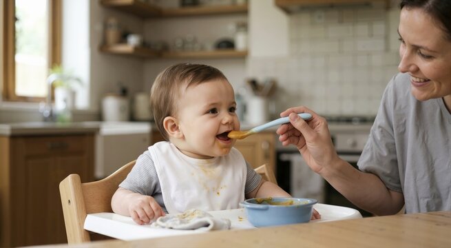 Smiling mother feeding baby with a spoon. Infant in a high chair eating pureed food with a messy face and bib. First solid meal in a modern kitchen