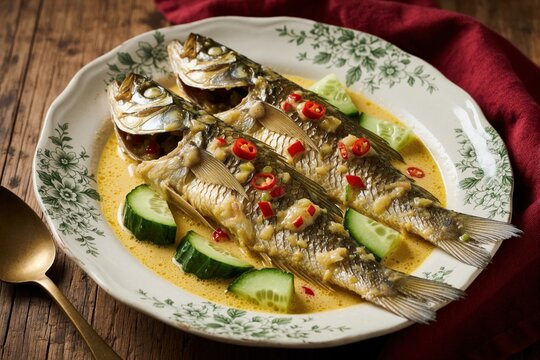 Ikan Kembong Masak Lemak Cili Api served on floral plate with cucumber slices. Traditional Malaysian fish dish in spicy coconut milk gravy with red chili pieces. Gourmet seafood meal for lunch dinner