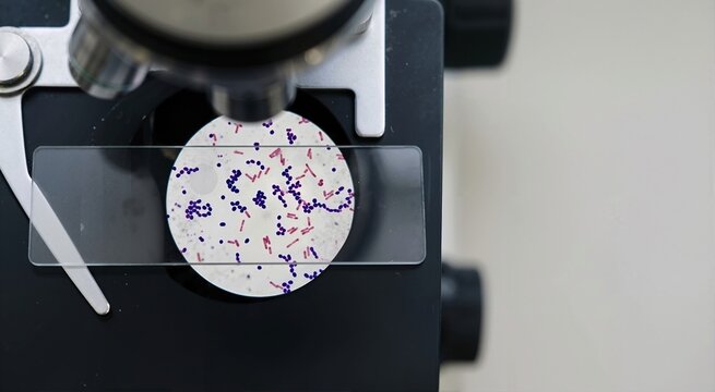 Microscope slide showing stained bacteria under magnification. Laboratory view of purple Gram-positive cocci and pink Gram-negative bacilli