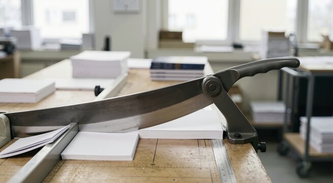 Heavy duty metal paper guillotine cutting a stack of white paper. Close up of sharp blade on a wooden workbench in a print shop. Industrial printing equipment