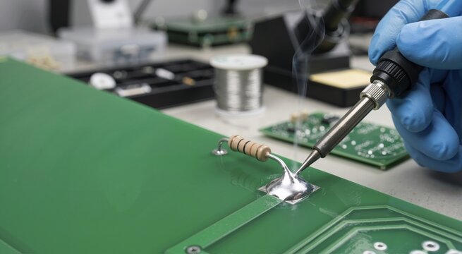 Soldering iron melting metal to create a joint on a green circuit board. Technician in blue glove repairing electronic component with smoke rising