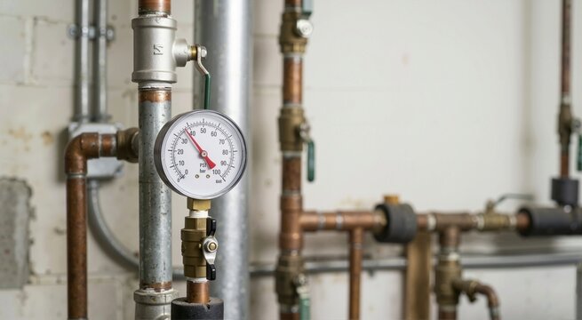 Analog water pressure gauge mounted on industrial plumbing pipes. Close-up of dial indicator on a complex mechanical heating system