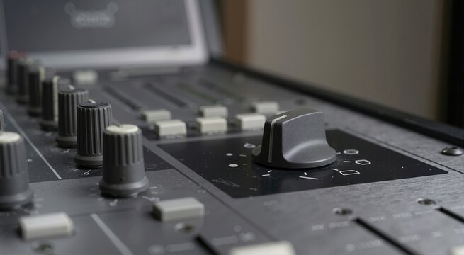 Close-up of a rotary selector switch on a dark grey control panel. Professional audio mixing console or electronic equipment interface with buttons and knobs