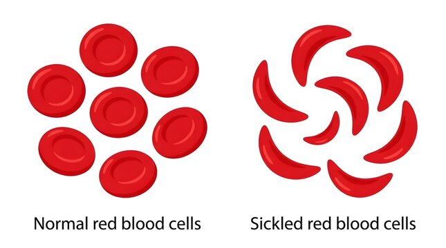 A medical illustration comparing healthy round red blood cells with abnormal crescent shaped sickle cells for educational and research purposes