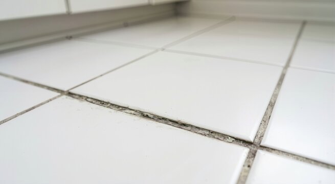 Close up of dirty and stained grout lines between white ceramic floor tiles. Unhygienic damaged flooring requiring cleaning and maintenance