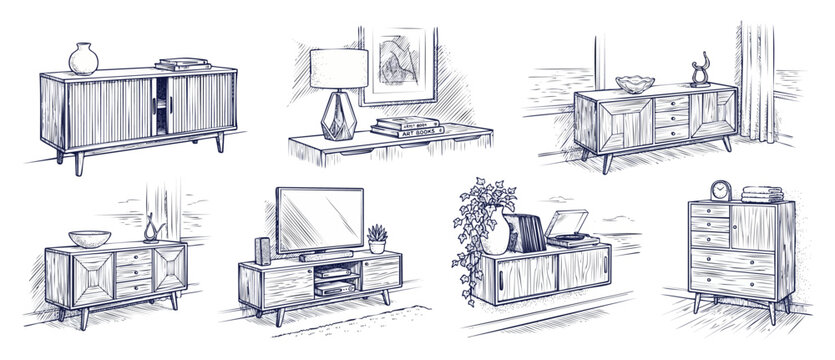 Modern wooden sideboard credenza sketch set featuring mid century furniture collection, tv stand, media console, and storage cabinet drawings for interior design layout isolated on white background.