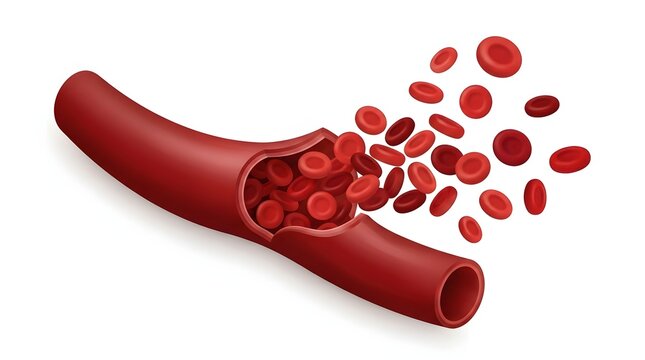 A detailed medical illustration showing red blood cells flowing through a human vein or artery on a white background