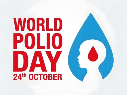 World polio day awareness design featuring bold red text and a blue water drop icon with a child silhouette inside