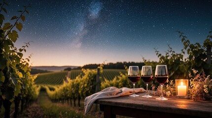 Obraz premium Three glasses of red wine sit on a wooden table beside a lit candle in a vineyard at dusk. The starry sky above the grapevines creates a magical atmosphere for outdoor dining and relaxation.