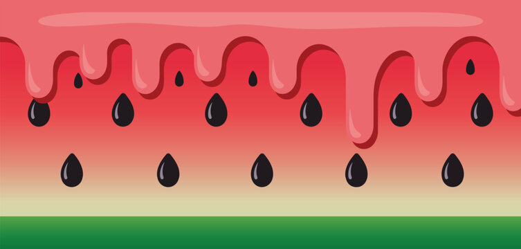 Juicy Watermelon Slice: A vibrant illustration of a fresh, ripe watermelon slice with melting juicy flesh and black seeds, set against a backdrop of green.