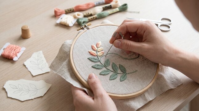 Hands stitching layered leaves in a contemporary embroidery hoop