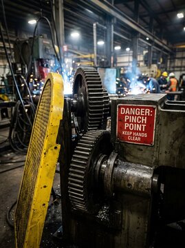 Large industrial gears meshing in a busy factory with safety warning sign