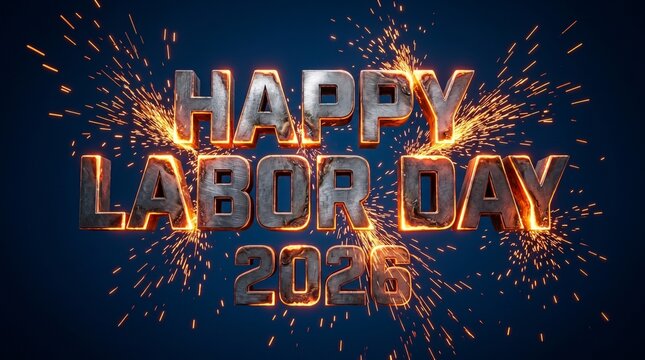 Happy Labor Day 2026 greeting text. 3D metallic typography with glowing fiery sparks and welding effect on a dark navy blue background. Industrial holiday design