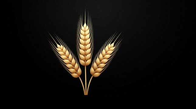 Three golden wheat ears arranged elegantly against a plain black backdrop. This illustration represents agriculture, harvest, and natural bounty, suitable for branding or design elements.