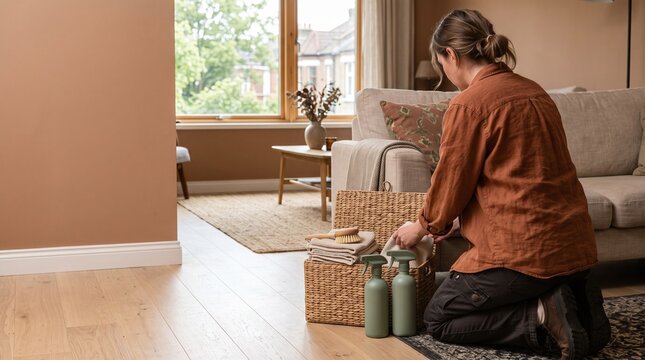 Housekeeper prepares an eco cleaning kit for apartment turnover