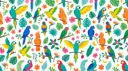 Naklejka premium Seamless Tropical Pattern with Colorful Parrots and Exotic Leaves, Vibrant Jungle Bird Illustration