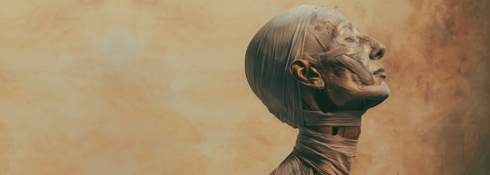 EGYPTIAN MUMMY PROFILE WITH HEAD BANDAGES ON SANDY BACKGROUND