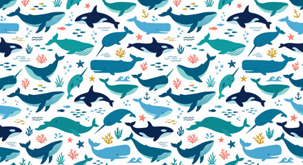Seamless pattern of various cartoon whales, orcas, narwhals, and marine life on a white background. Ocean, sea creatures, kids © irfan
