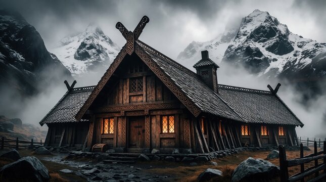 Ancient viking longhouse sits in misty snow mountains. Wooden structure glows with warm light. Rustic settlement offers shelter against harsh natural environment.