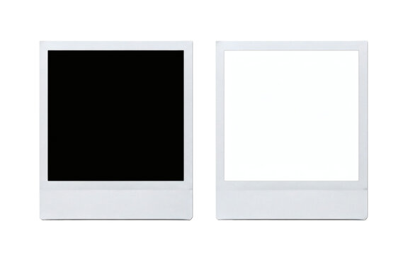 Two instant film photo frames one completely black and one completely white displayed side by side&nbsp; on transparent background