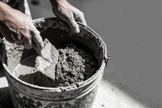 Worker hands mix wet cement mortar in plastic bucket using metal trowel. Construction man prepares sticky plaster mixture for wall renovation. Pro builder uses tools at building site to fix surface.