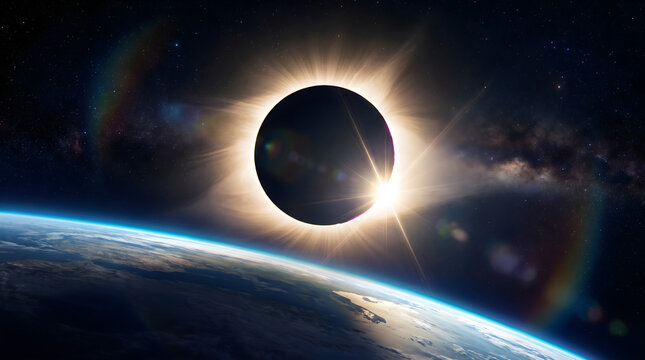 Dramatic solar eclipse over planet Earth with sun flares and rainbow halo.