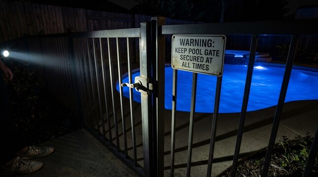 Illuminated backyard pool gate with warning sign at night, secure and safe