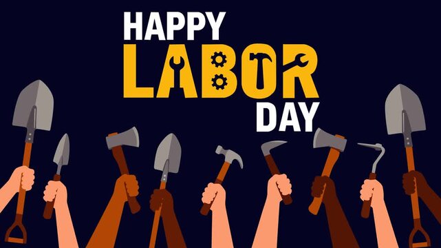 Bold Labor Day motion background featuring raised construction tools, diverse workers, and industrial symbols celebrating teamwork, dedication, and the global workforce