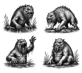 Four terrifying swamp monsters with sharp teeth and claws in a detailed illustration © Compositor 