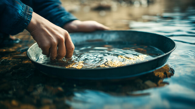 Close up of gold panner hands washing river silt and gravel in a metal pan to find shiny golden flakes and nuggets in a clear shallow stream water during outdoor adventure