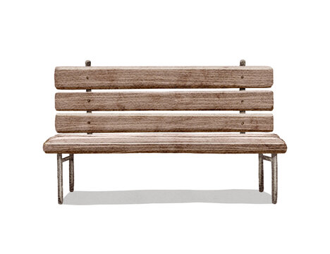 Watercolor vintage wooden bench with backrest and shade isolated on white background. Hand drawn illustration sketch