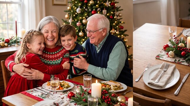 Grandparents embracing their grandchildren warmly at a decorated Christmas dinner table. Holiday family photo for greeting card brands and insurance company marketing.