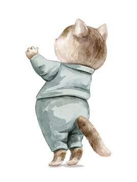 Watercolor vintage cat kitten in blue pajamas stands on its hind legs paws with its back to the viewer isolated on white background. Hand drawn illustration sketch