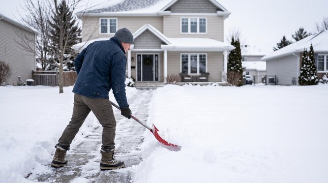 Man shoveling snow in a front yard with focused physical motion and a suburban house visible behind. Winter lifestyle photo for outdoor equipment and home service marketing.