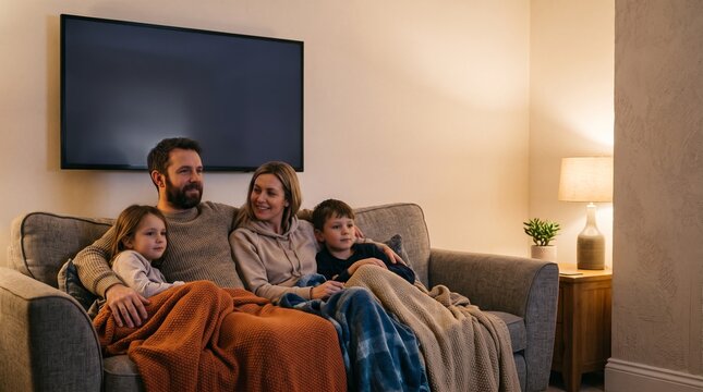 Family sitting together on a couch watching a movie with cozy blankets in warm room light. Holiday lifestyle photo for streaming services and home comfort brand marketing.