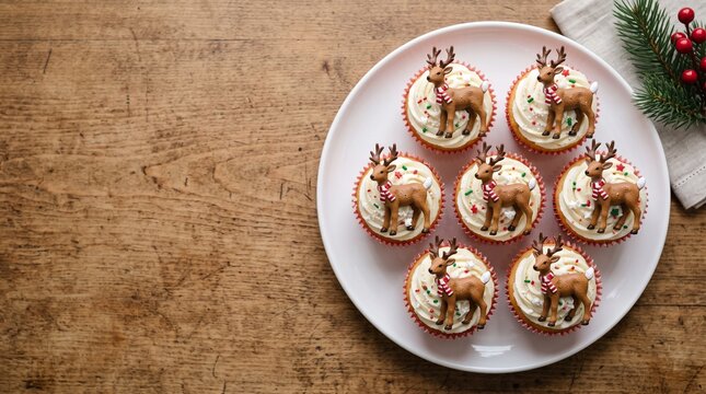 Christmas cupcakes topped with small reindeer figurine decorations arranged on a white plate. Themed bakery product photo for dessert brands and holiday seasonal marketing.