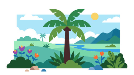 Tropical paradise with palm tree, river, mountains, flowers, and sun in flat illustration style.
