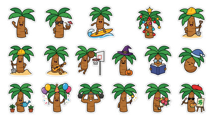 Obraz premium Cute cartoon palm tree characters engaged in various activities, representing seasons and holidays.