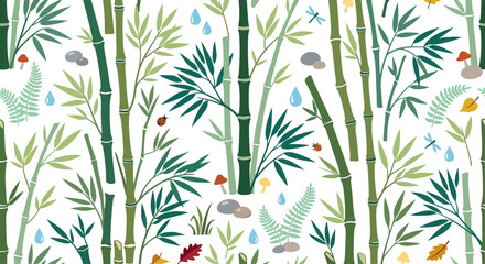 Seamless Bamboo Forest Pattern with Ferns, Ladybugs, Dragonflies, and Raindrops © Jalaludin